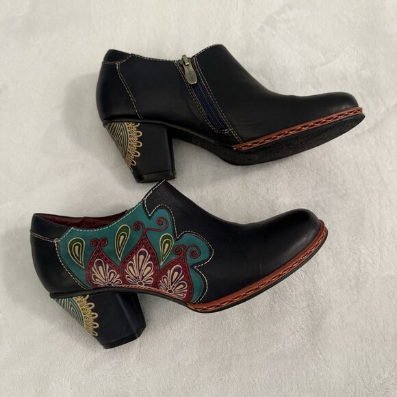 L'Artiste Zami Bootie Black Multi Color Ankle Boots Eu 38 U.S. 7.5/8 Boho Artsy - Picture 2 of 13